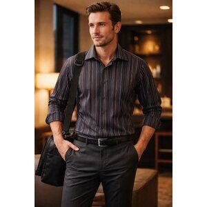 Pronto Uomo Black, Tan White Stripe Dress Shirt Size Large